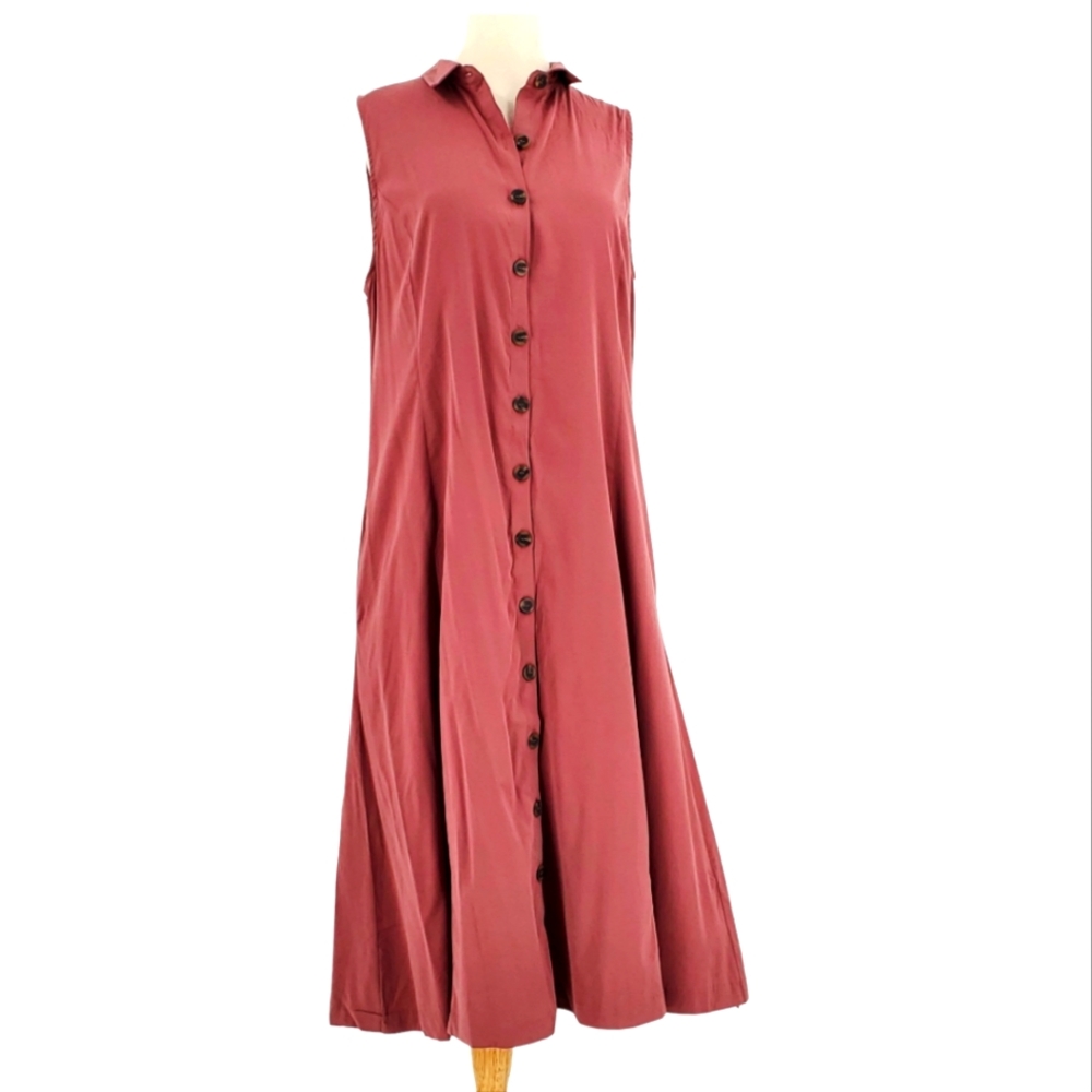 Tahari Rust Button Down Collared Fit and Flare Sleeveless Midi Dress Large 12